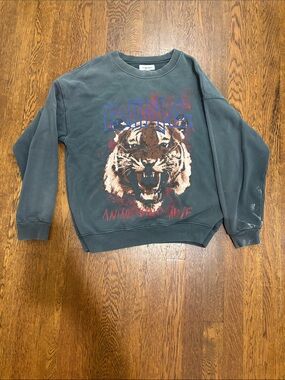 Anine Bing Graphic Tiger Crewneck Sweatshirt - Charcoal with Red & Blue Print